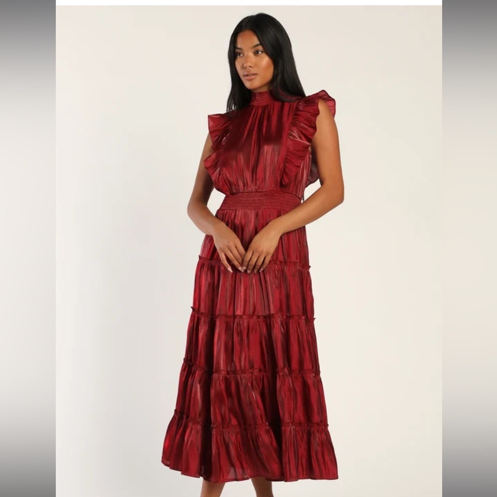 Lulus, Midi, Tiered dress, mock neck, burgundy